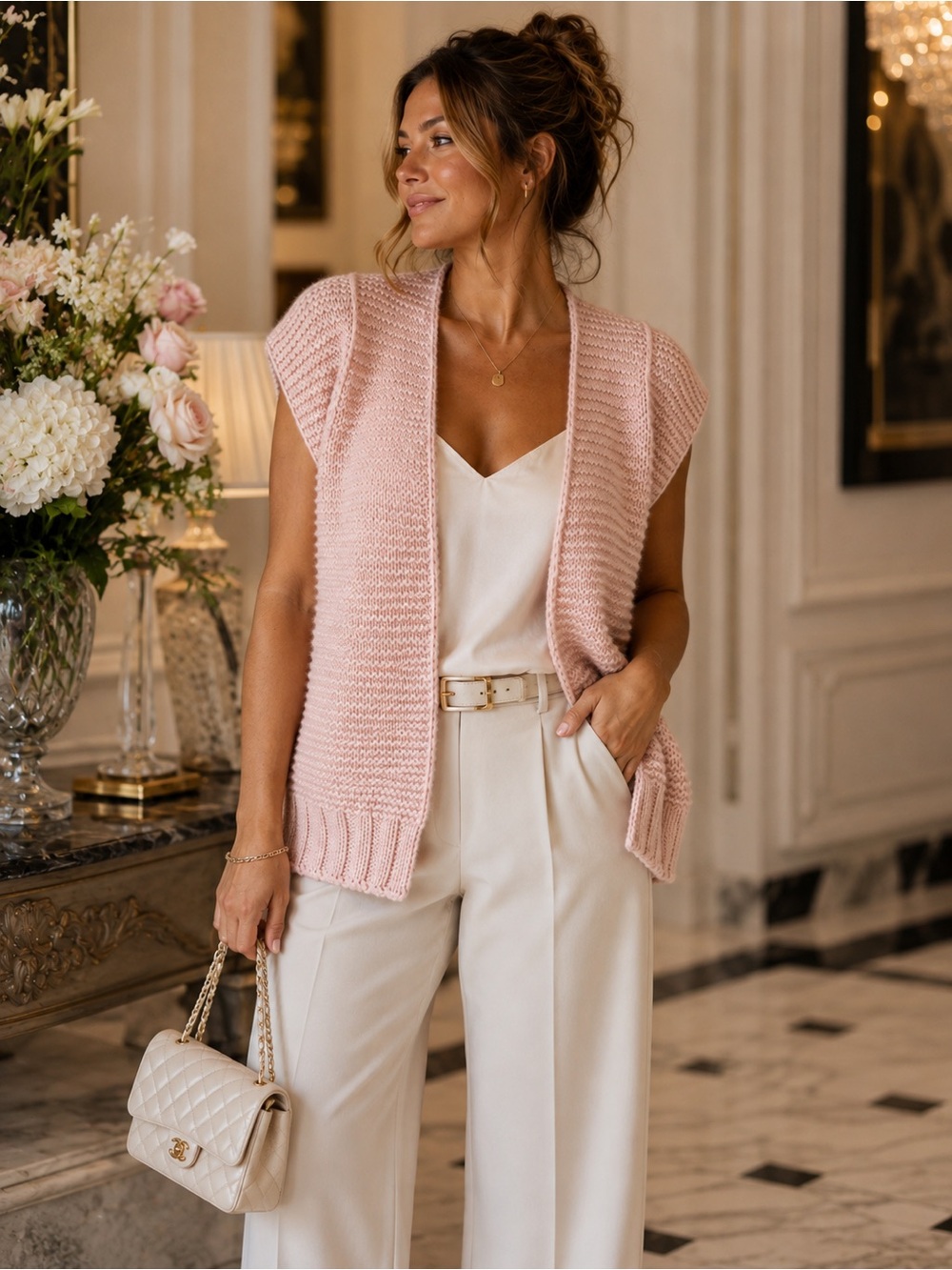 NWT Pink Chunky Knit Sweater Vest M Wool Preppy Office Quiet Luxury Cozy Soft